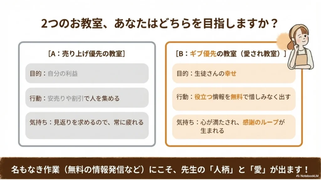 「2つのお教室、あなたはどちらを目指しますか？」と問いかける比較スライド。A：売り上げ優先の教室は自分の利益が目的で安売り集客に頼り常に疲れる、B：ギブ優先の教室（愛され教室）は生徒さんの幸せが目的で役立つ情報を無料で出し惜しみなく出し感謝のループが生まれる、と対比