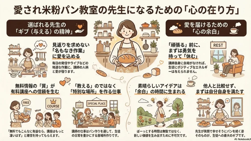 「愛され続ける先生の3つのステップ」まとめ図。1.ギブの精神（見返りを求めず、まずは相手の役に立つことをする）、2.余白を作る（無理な頑張りをやめ、温かいアイデアが生まれる時間を作る）、3.自分を愛する（自分を満たし、笑顔でいることが生徒さんへの最大のプレゼント）の3ステップを番号付きで掲載