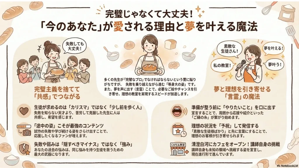 「言霊(ことだま)が生み出す応援団のサイクル」を示す循環図。1.声に出す(教室をやるんだ!と宣言する)、2.周りが反応する(健康のために行きたい!素敵だね!)、3.紹介が生まれる(悩んでるママ友がいるから教えておくね!)、4.行動が加速する(もう後戻りできない!やるしかない!)、の4ステップが循環することで言葉があなただけの強力な応援団を連れてくると解説