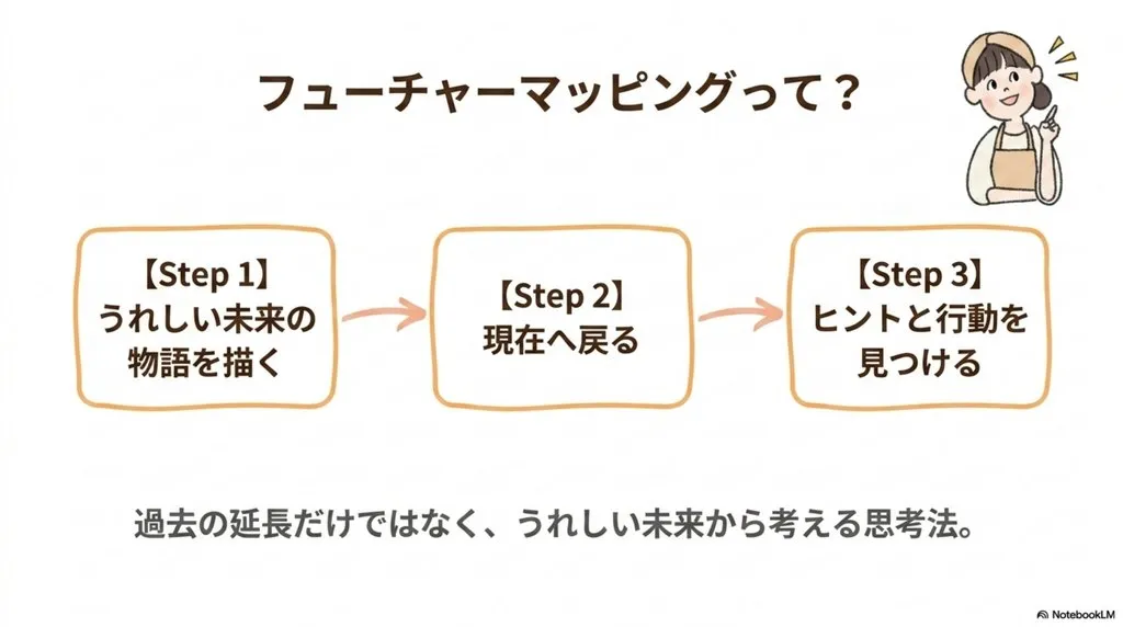 米粉パン講師のためのフューチャーマッピング3ステップ(うれしい未来の物語を描く→現在へ戻る→ヒントと行動を見つける)、過去の延長ではなくうれしい未来から考える思考法