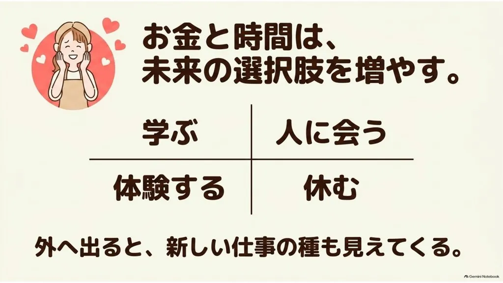 米粉パン講師のための『お金と時間は未来の選択肢を増やす』まとめ図解(学ぶ・人に会う・体験する・休むの4つに投資する、外へ出ると新しい仕事の種が見えてくる夢を叶える人の時間の使い方ロードマップ)