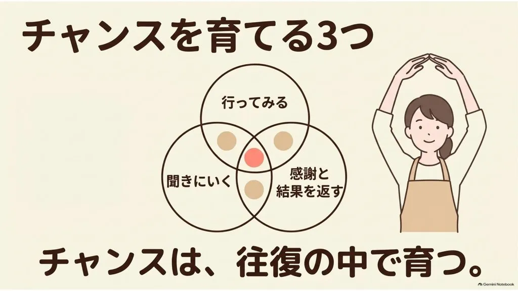 米粉パン講師のための『チャンスを育てる3つ』まとめ図解(行ってみる・聞きにいく・感謝と結果を返す、往復の中でチャンスが育つ、待つのではなく自分から取りに行く行動のロードマップ)