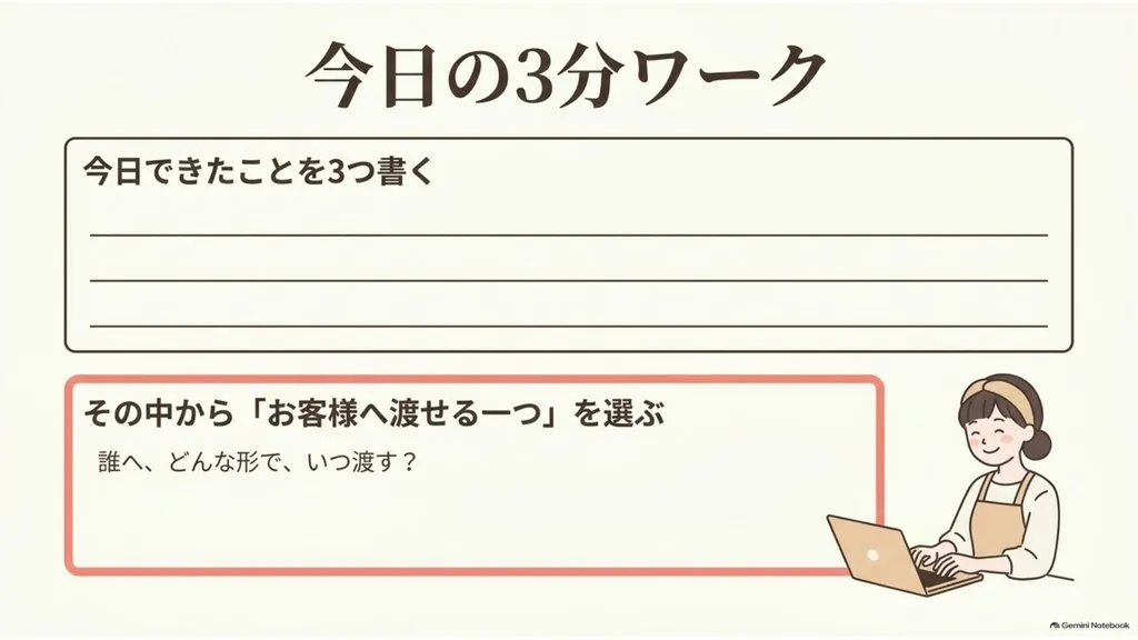 米粉パン教室の『今日の3分ワーク』、今日できたことを3つ書く・その中からお客様へ渡せる一つを選ぶ、誰へ・どんな形で・いつ渡す？で学びを行動に変える教室経営のミニワーク