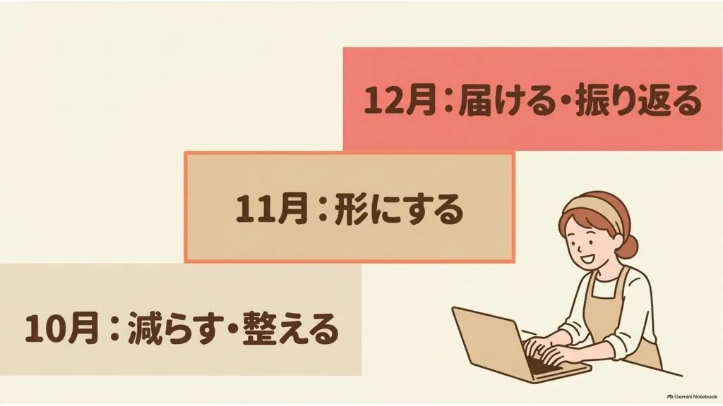 米粉パン講師のための『教室の未来を変える90日計画』まとめ図解（1ヶ月目：減らす・整える、2ヶ月目：形にする、3ヶ月目：届ける・振り返る、AIで時間を作りやりたいことを形にする3ステップ）