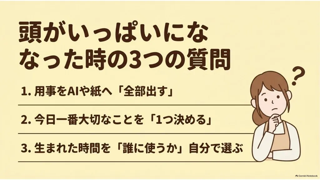 米粉パン講師のための『頭がいっぱいになった時の3つの質問』まとめ図解（1：用事をAIや紙へ全部出す、2：今日一番大切なことを1つ決める、3：生まれた時間を誰に使うか自分で選ぶ、心の余白を取り戻す整え方）