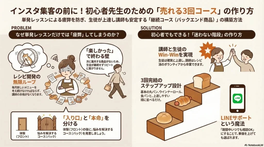 インスタ集客の前に！初心者先生のための売れる3回コースの作り方：単発レッスン疲弊の原因と解決策（迷わない階段・ステップアップ設計・LINEサポート）を解説する図解