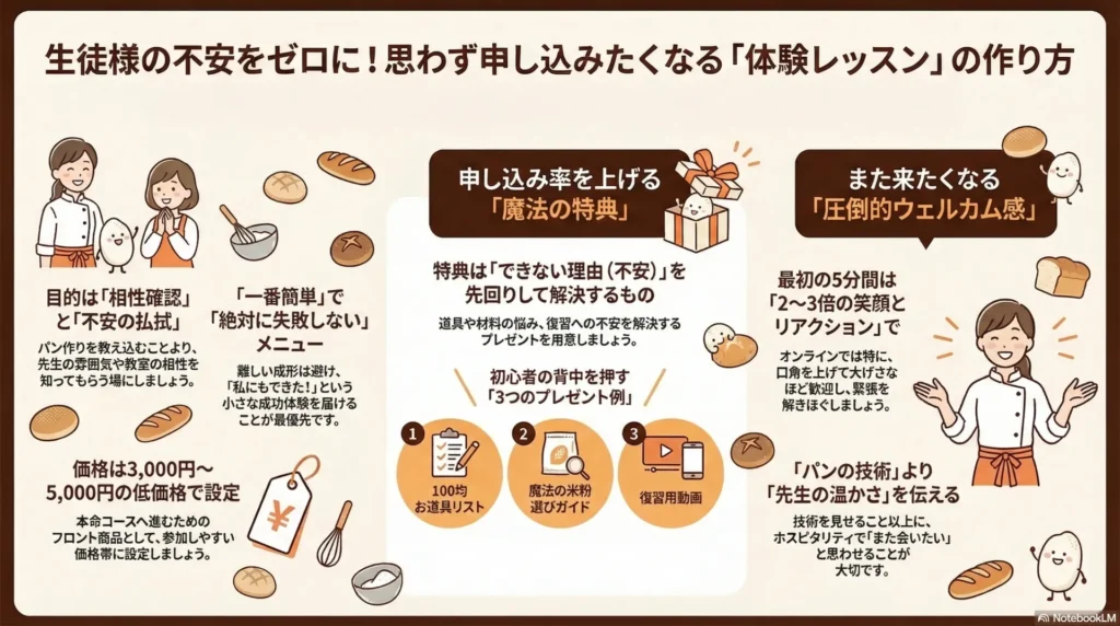 生徒様の不安をゼロに!思わず申し込みたくなる米粉パン教室の体験レッスンの作り方を解説する図解