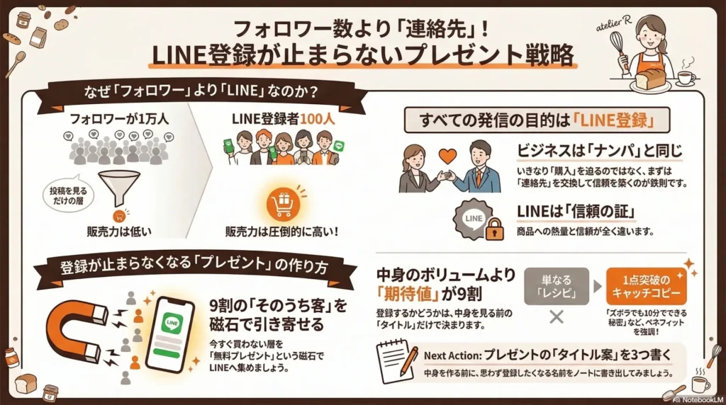 フォロワー数より連絡先!米粉パン教室のLINE登録が止まらないプレゼント戦略:フォロワー1万人よりLINE登録者100人の方が販売力が高い理由、すべての発信の目的はLINE登録、登録が止まらないプレゼントの作り方を解説する図解