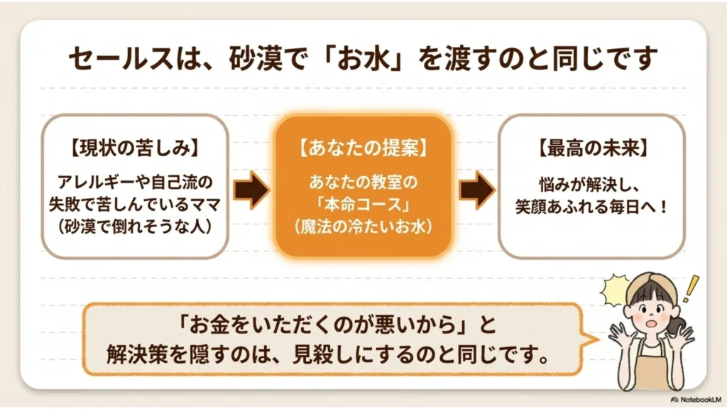 砂漠でお水を渡すセールスの比喩：現状の苦しみ（アレルギーや自己流の失敗で悩むママ＝砂漠の人）→あなたの提案（魔法の冷たいお水＝本命コース）→最高の未来（悩み解決し笑顔あふれる毎日）を示すスライド