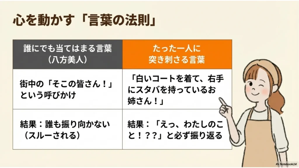 心を動かす「言葉の法則」比較：誰にでも当てはまる八方美人の言葉「そこの皆さん」は誰も振り向かない／たった一人に突き刺さる言葉「白いコートを着てスタバを持っているお姉さん」は必ず振り返る、を示すスライド