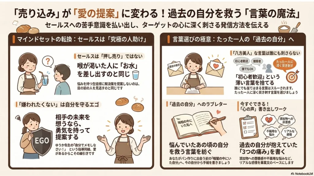 今日のまとめ3つのポイント図解：①セールスは押し売りではなく究極の人助け（愛の提案）②八方美人の言葉は捨てる③たった一人の過去の自分へラブレターを書く、を示すインフォグラフィック
