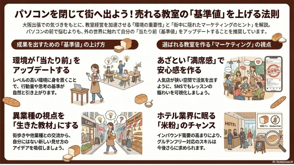 街は「売れる仕組み」を学べる最高の宝箱図解：①基準値が上がる環境②満席感の作り方③新しい市場の発見、共通点として「外に出て自分の心を動かされた体験が教室の未来を切り拓くヒントになる」を示すインフォグラフィック