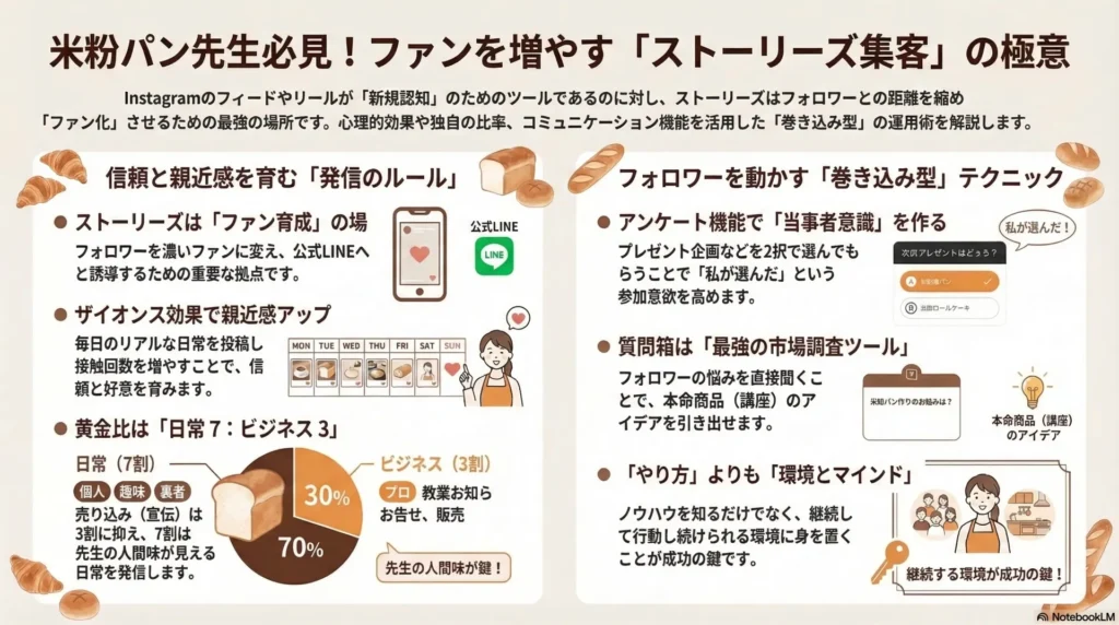 米粉パン講師のためのストーリーズ集客の極意:信頼と親近感を育む「発信のルール」(ストーリーズはファン育成・ザイオンス効果・日常7:ビジネス3の黄金比)と、フォロワーを動かす「巻き込み型」テクニック(アンケート・質問箱)、そして継続できる環境とマインドの重要性を解説する図解