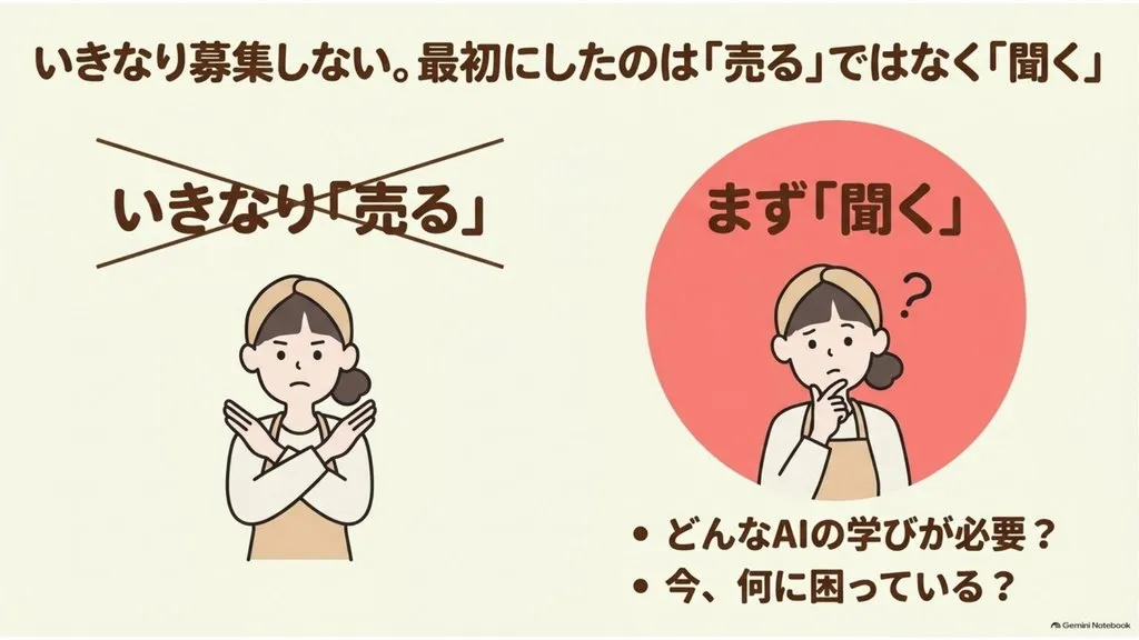 米粉パン教室の募集前の原則、いきなり売らない・最初にしたのはまず聞く、どんな学びが必要か・今何に困っているかを聞くことから始める信頼を育てる教室経営の第一歩