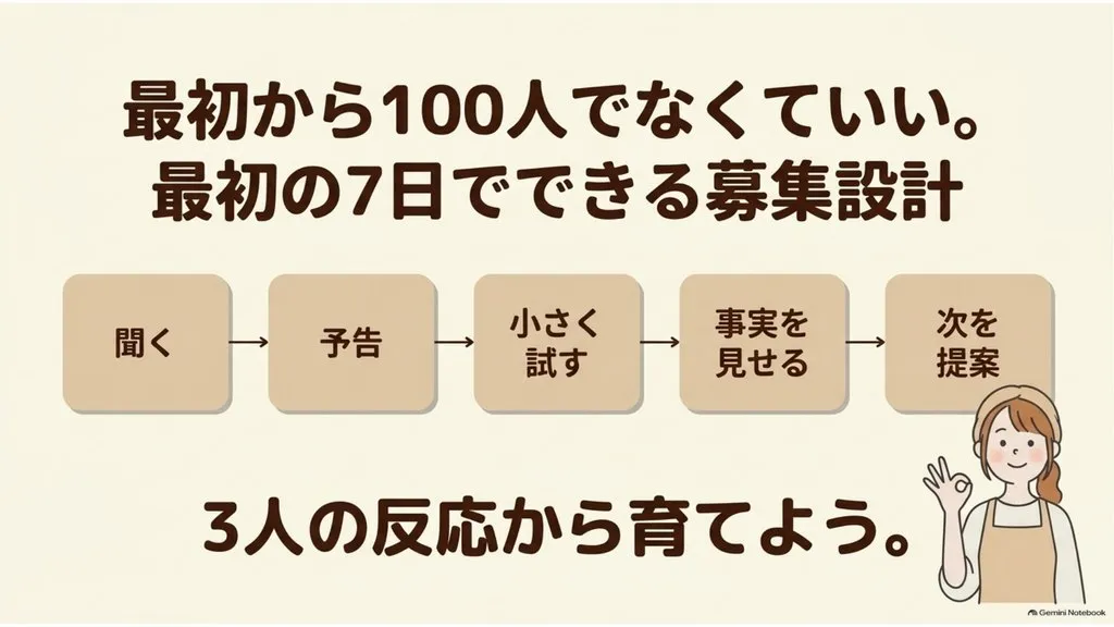 米粉パン講師のための『最初の7日でできる募集設計』まとめ図解(聞く→予告→小さく試す→事実を見せる→次を提案、3人の反応から育てよう、売る前に信頼と商品を一緒に育てる教室経営の設計図)