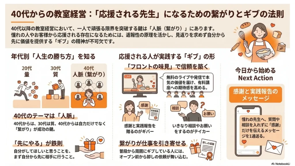 「あなたはどっち？2つの行動パターン」と題したギバーとテイカーの比較スライド。左のギバー（与える人）は損得勘定なしで相手のために行動する人で、見返りを求めず行動・アドバイスをすぐに応援実践・相手を喜ばせるのが好き、右のテイカー（奪う人）は自分の利益を優先し相手から時間や労力を奪う人で、いきなりお願い事をする・自分のメリットだけを考える・アドバイスをもらってもその後の報告がない、と対比
