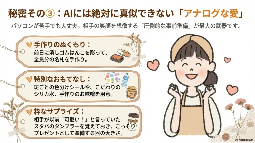 秘密その③「アナログな愛」：手作りの消しゴムスタンプで作る名札・取り寄せたシリカ水・手作り味噌・スタバ限定品サプライズなど、AIに真似できない圧倒的ホスピタリティの実例を示すスライド