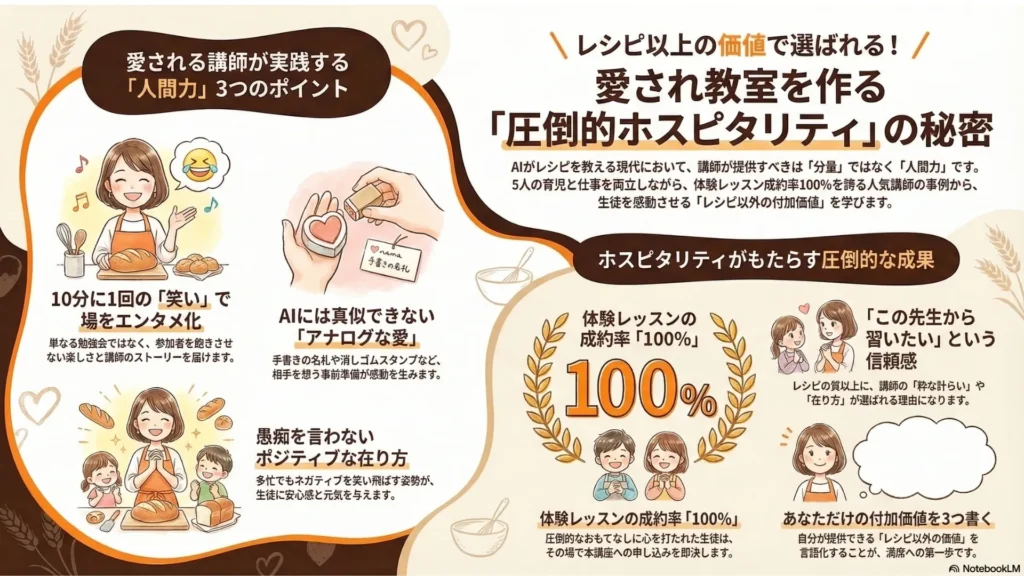満席教室の方程式図解：「目に見える小さな価値10%（美味しいレシピ）」＋「目に見えない巨大な価値90%（講師の在り方・アナログなおもてなし）」＝「全員即決する愛され教室」を示すインフォグラフィック