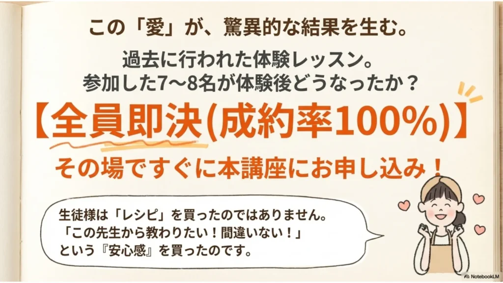 体験レッスン7〜8名全員即決(成約率100%)：生徒様はレシピではなく「この先生から教わりたい・間違いない」という安心感を買ったことを解説するスライド