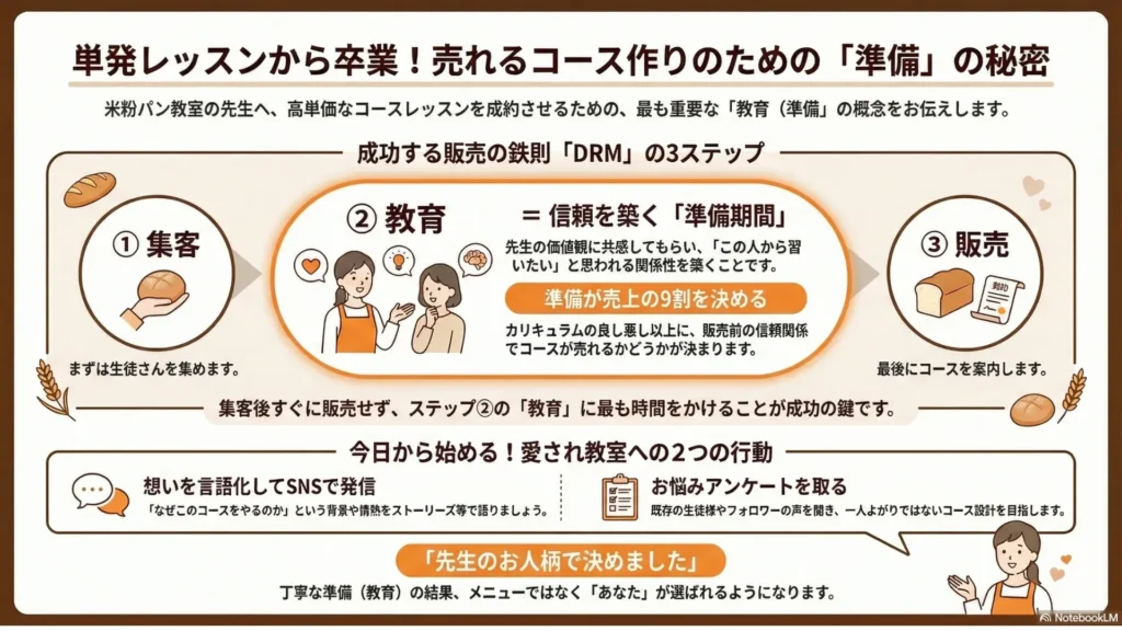 売れるコース作りのための「準備」の秘密まとめ図解：DRMの3ステップ（集客→教育→販売）と、教育（準備期間）こそが本当の準備期間であること、今日からできる2つの行動（想いを発信する／お客様アンケート）を示すインフォグラフィック