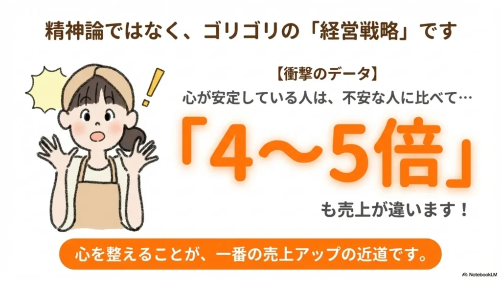 精神論ではなくゴリゴリの経営戦略：心が安定している人は不安な人に比べて売上が「4〜5倍」も違うという衝撃のデータ、心を整えることが一番の売上アップの近道であることを示すスライド