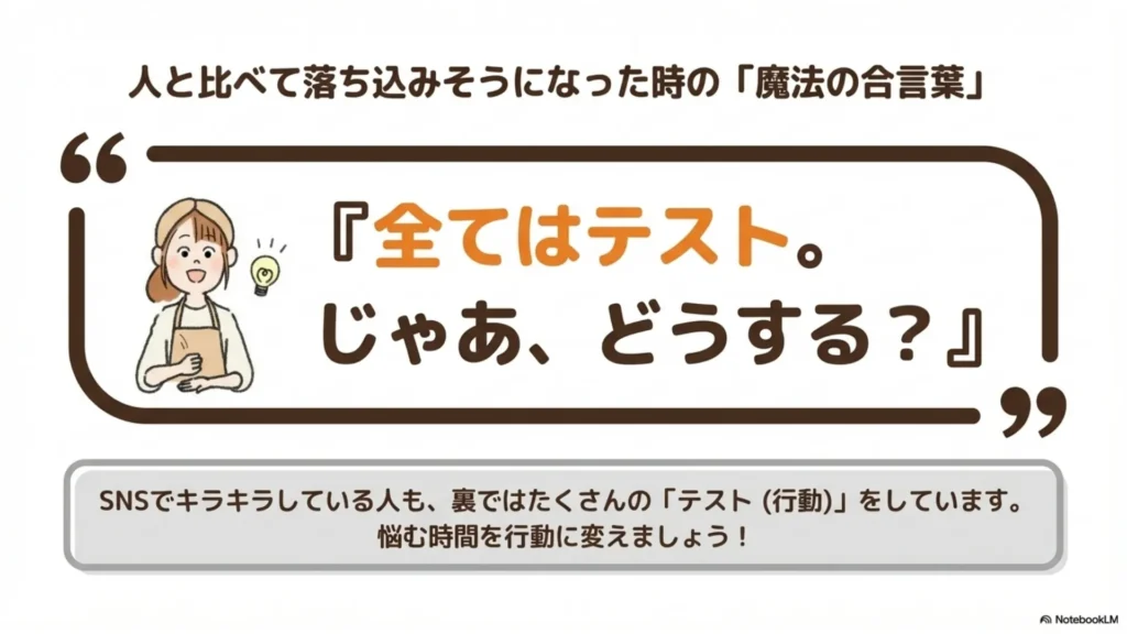 落ち込みそうになった時の魔法の合言葉「全てはテスト。じゃあ、どうする？」、SNSでキラキラしている人も裏ではたくさんのテスト（行動）をしている、悩み時間を行動に変えようというメッセージを示すスライド