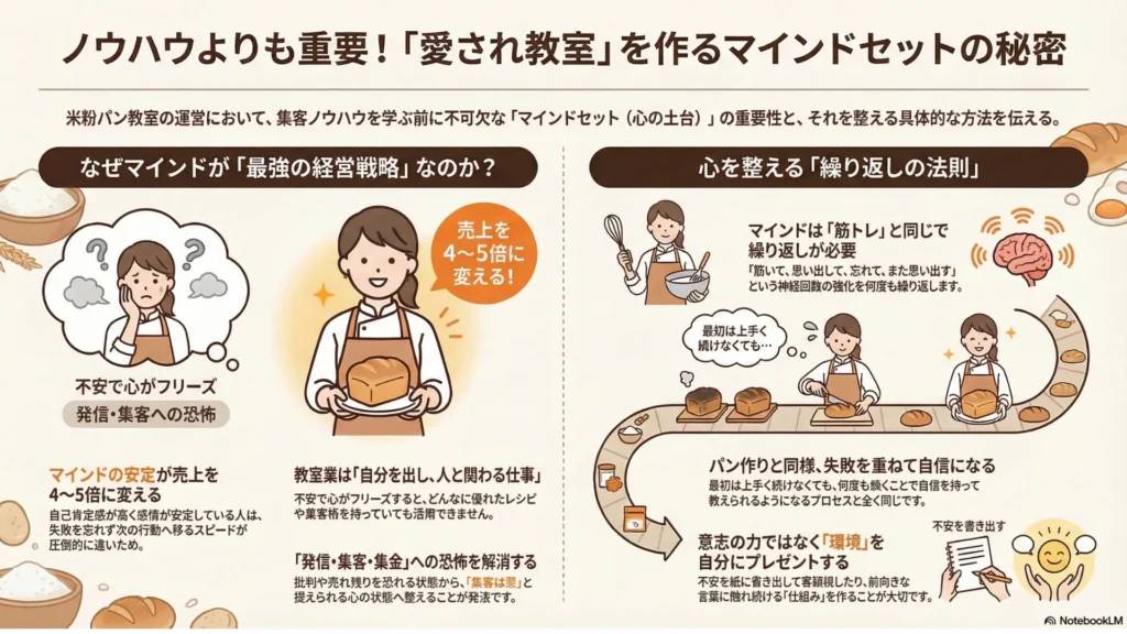 マインドセットの秘密まとめ図解：①マインドが整わないと一歩も進めない②教室業は人と関わる仕事だから心が大切③売上に4〜5倍の差④繰り返しの法則で心の回路を太くする、を示すインフォグラフィック