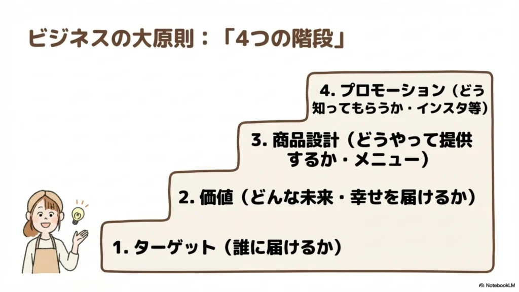ビジネスの大原則「4つの階段」：①ターゲット（誰に届けるか）②価値（どんな未来・幸せを届けるか）③商品設計（どうやって提供するか・メニュー）④プロモーション（どう知ってもらうか・インスタ等）の階段構造を示すスライド