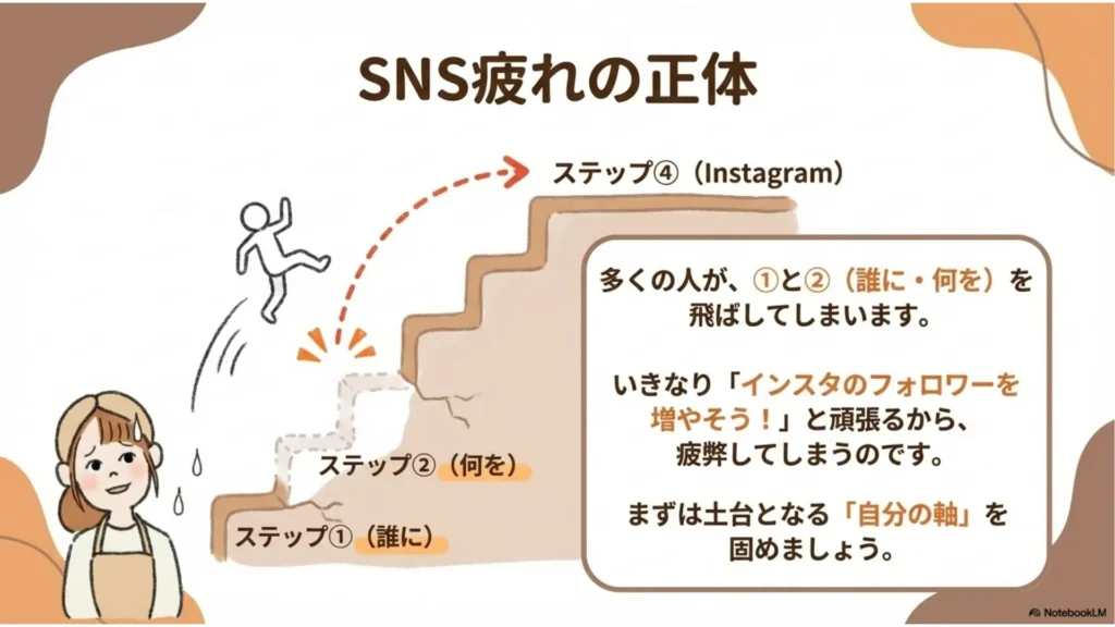 SNS疲れの正体図解：多くの人が①②（誰に・何を）を飛ばしていきなり④（インスタのフォロワーを増やそう）に走ってしまうから疲弊する、まずは土台となる「自分の軸」を固める順番が大切、を示すスライド