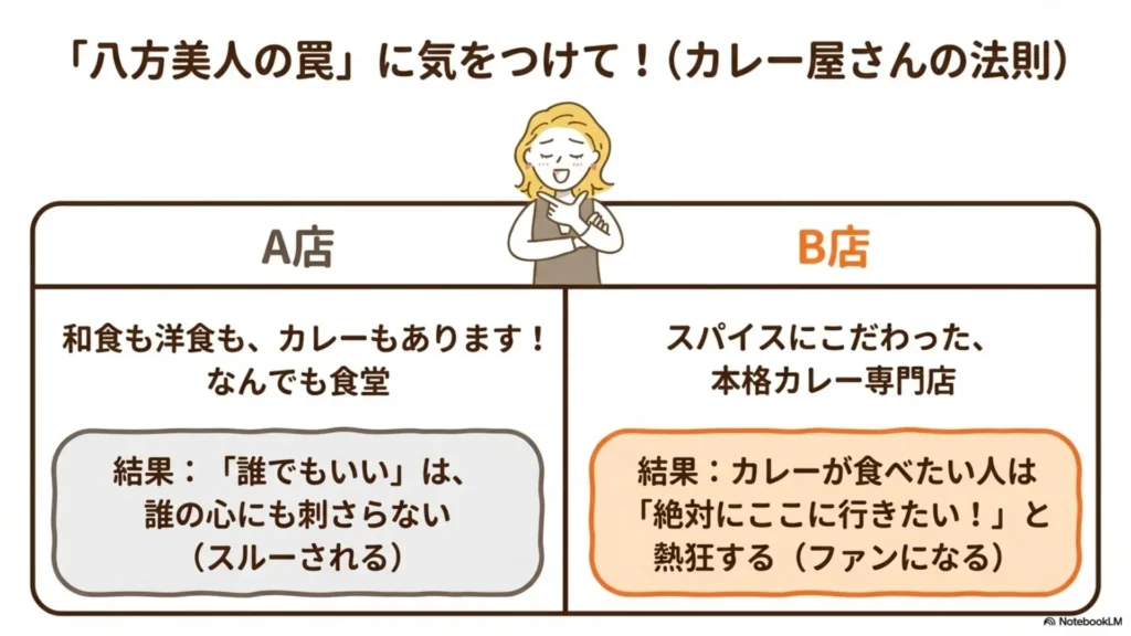 「八方美人の罠」に気をつけて！カレー屋さんの法則：A店「なんでもあります食堂」は誰の心にも刺さらずスルーされる／B店「本格カレー専門店」はカレー食べたい人が絶対に行きたいと熱狂する（ファンになる）比較を示すスライド