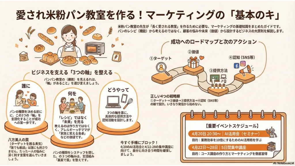 愛され米粉パン教室を作るマーケティングの「基本のキ」図解：ビジネスを支える3つの柱（誰に・何を・どうやって）とNext Action、成功へのロードマップを示すインフォグラフィック