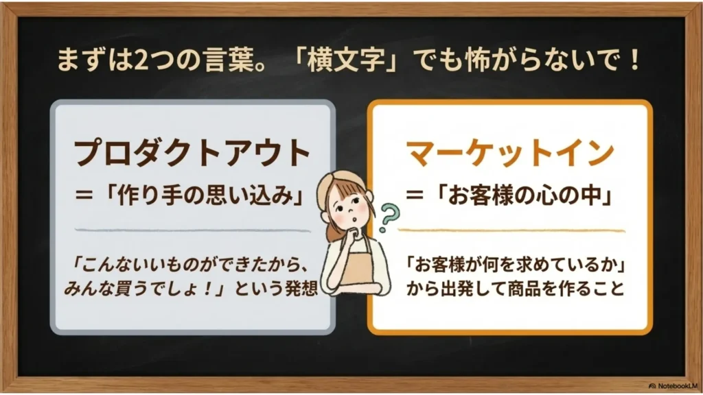 プロダクトアウトとマーケットインの違い比較：プロダクトアウト（作り手の思い込み・「こんないいものができたから買うでしょ！」）／マーケットイン（お客様の心の中・「何を求めているか」から商品を作る）を示すスライド