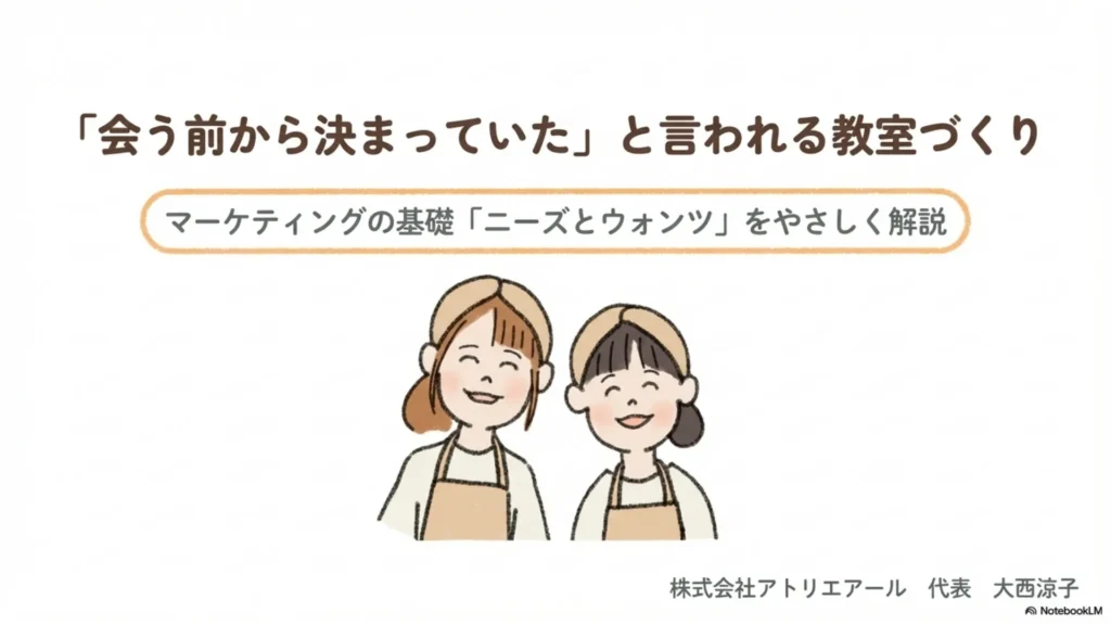 「会う前から決まっていた」と言われる教室づくり〜マーケティングの基礎「ニーズとウォンツ」をやさしく解説〜と書かれた表紙スライド