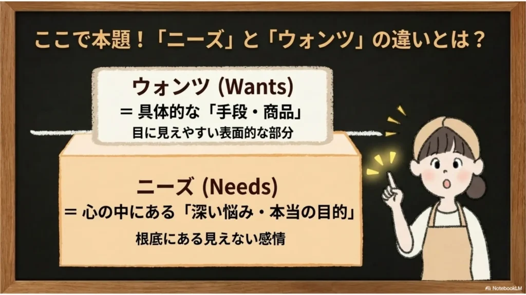 ニーズとウォンツの違い解説：ウォンツ（Wants）＝具体的な手段・商品＝目に見えやすい表面的な部分／ニーズ（Needs）＝心の中にある深い悩み・本当の目的＝根底にある見えない感情、を比較したスライド