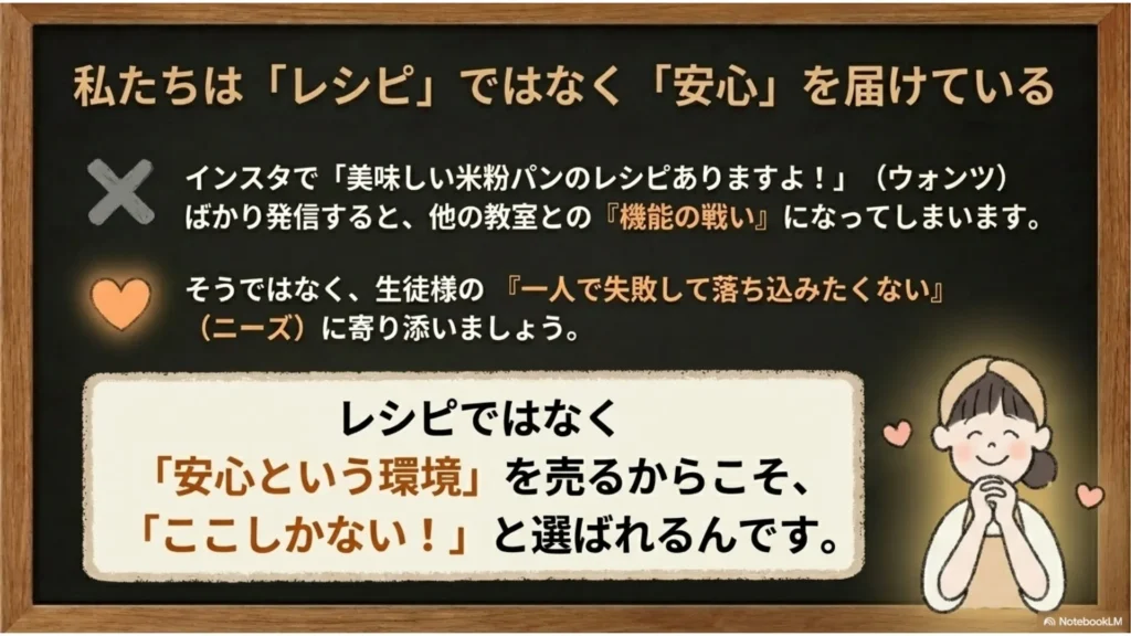 私たちは「レシピ」ではなく「安心」を届けている：他の教室と「レシピ（ウォンツ）」で戦うのではなく、「いつでも質問できる絶対挫折させない安心という環境（ニーズ）」を売るからこそ「ここしかない！」と選ばれる、を示すスライド