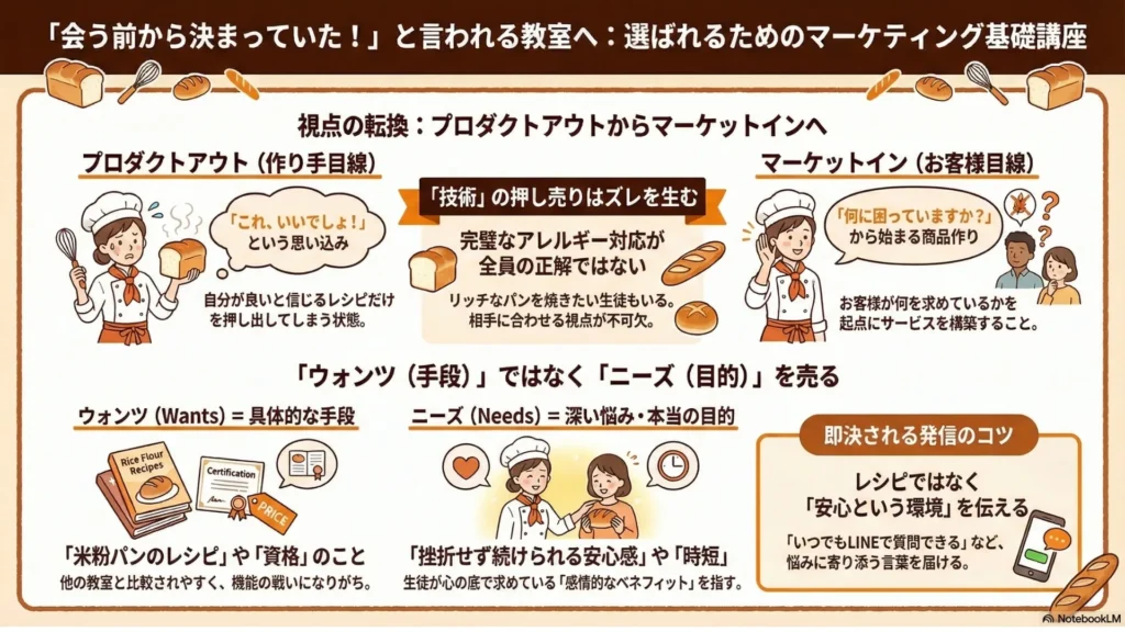 「会う前から決まっていた」と言われる教室づくりまとめ図解：プロダクトアウトからマーケットインへの視点転換、ウォンツとニーズの違い、選ばれるためのマーケティング基礎を網羅したインフォグラフィック