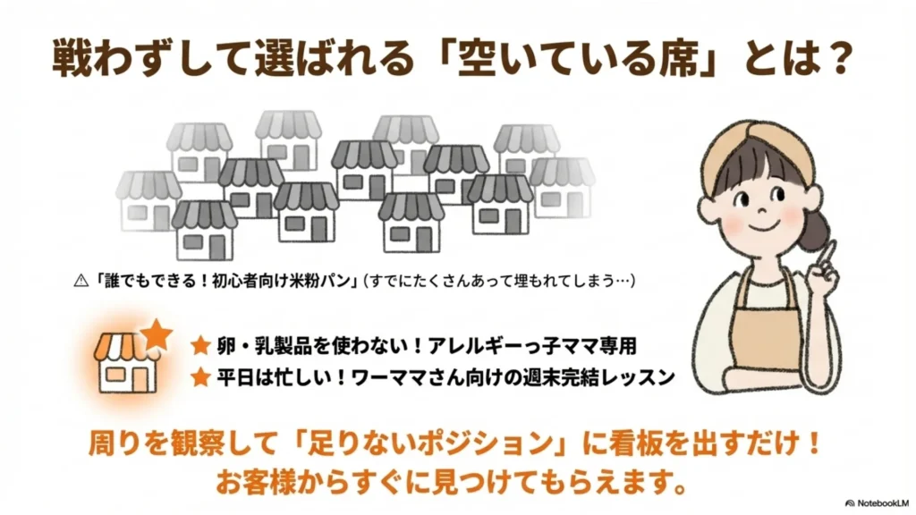 戦わずして選ばれる「空いている席」とは？：パン屋30店舗ある村でも、卵・乳製品を使わないアレルギーっ子ママ専用や、平日忙しいワーママ向け週末完結レッスンなど"足りないポジション"に看板を出せばお客様から見つけてもらえる、を示すスライド