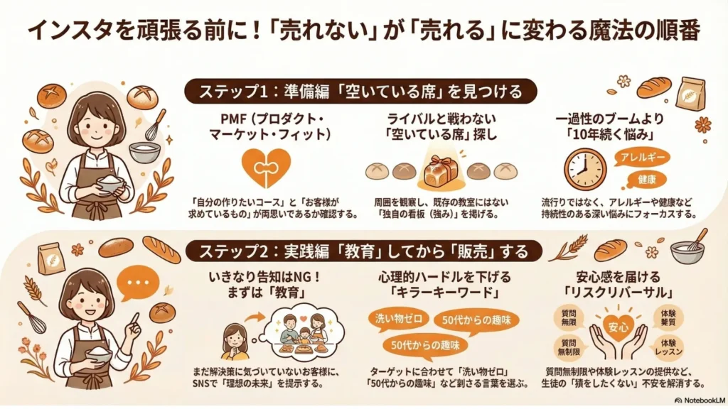 「売れる」に変わる魔法の順番まとめ図解：ステップ1準備編（空いている席を見つける・PMF・ライバル観察・王道の悩み）／ステップ2実践編（教育してから販売・キラーキーワード・5つの魔法）を網羅したインフォグラフィック