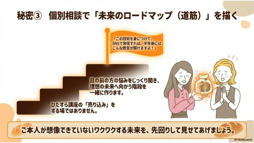 秘密③個別相談で「未来のロードマップ（道筋）」を描く：目の前の方の悩みをじっくり聞き、講座を受けた後の輝く未来へ向かう階段を一緒に描く、ご本人が想像できていないワクワクする未来を先回りして明確に見せてあげる、を示すスライド
