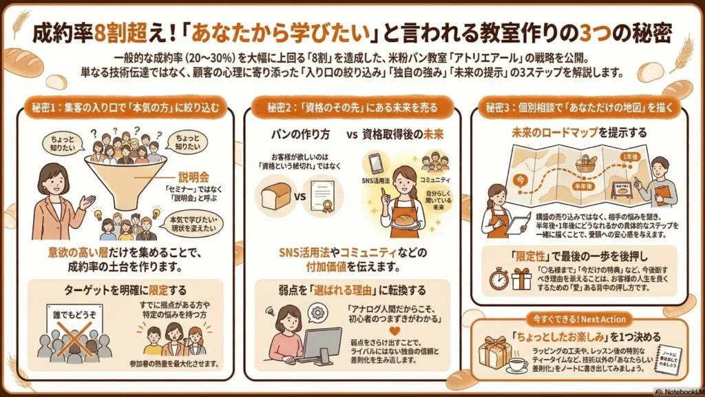 成約率8割超え！「あなたから学びたい」と言われる教室作りの3つの秘密まとめ図解：①入り口を絞る（狭き門）②資格ではなく未来を約束する③1対1で未来の地図を描く、を網羅したインフォグラフィック