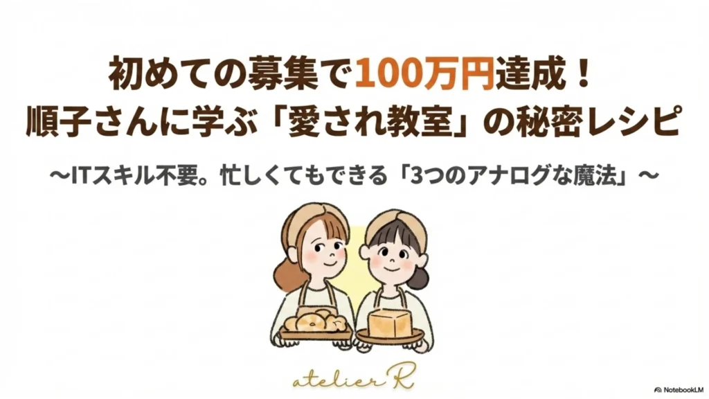 初めての募集で100万円達成！順子さんに学ぶ「愛され教室」の秘密レシピ〜ITスキル不要、忙しくてもできる3つのアナログな魔法〜と書かれた表紙スライド