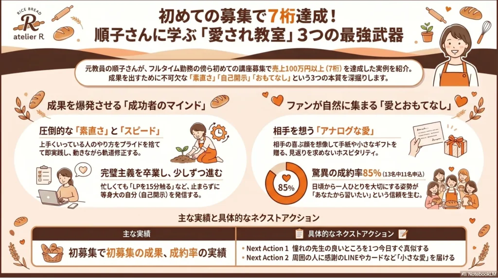 初めての募集で7桁達成！順子さんに学ぶ「愛され教室」3つの最強武器まとめ図解：①圧倒的素直さ＆スピードのマインド②徹底自己開示によるファンの作り方③愛されるおもてなしの「アナログな愛」を網羅したインフォグラフィック