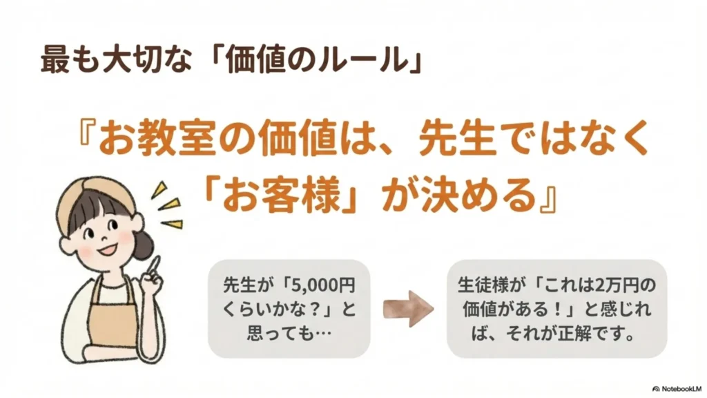 最も大切な「価値のルール」：『お教室の価値は、先生ではなく「お客様」が決める』、先生が5,000円と思っても生徒様が「2万円の価値がある」と感じればそれが正解、を示すスライド