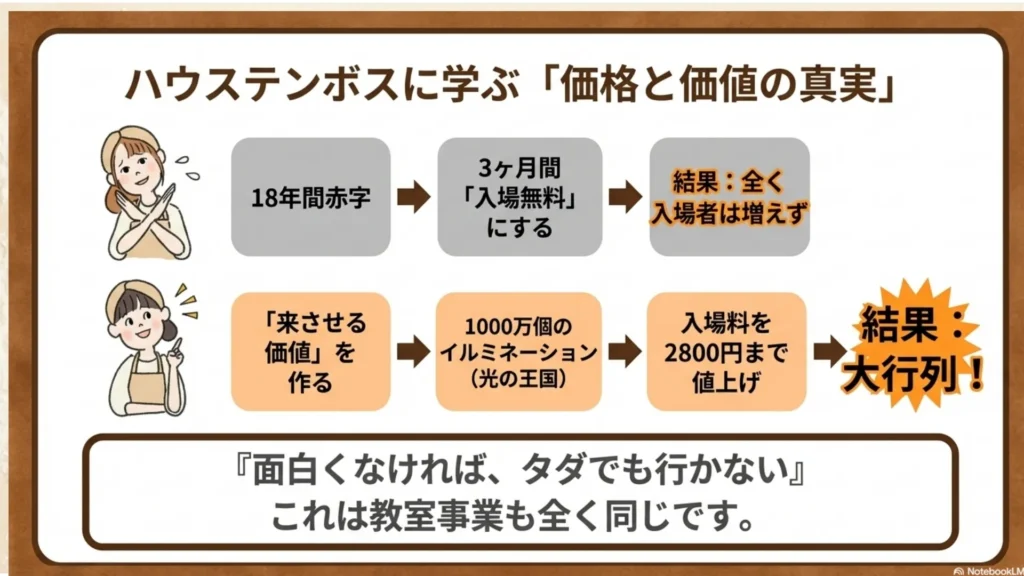 ハウステンボスに学ぶ「価格と価値の真実」：18年間赤字→3ヶ月入場無料にしても入場者は全く増えなかった／1000万個のイルミネーション「光の王国」を作って入場料を2800円まで上げたら結果大行列、「面白くなければタダでも行かない」教室事業も同じ、を示すスライド