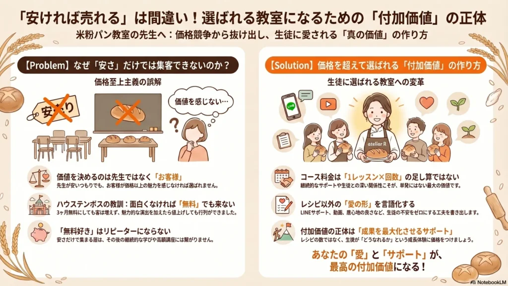 「安ければ売れる」は間違い！選ばれる教室になるための「付加価値」の正体まとめ図解：Problem（なぜ安くだけでは選ばれないか・価格と価値の歴史）→Solution（コース料金は単発の足し算ではない・付加価値の3つの要素・価格は愛と責任の対価）を網羅したインフォグラフィック