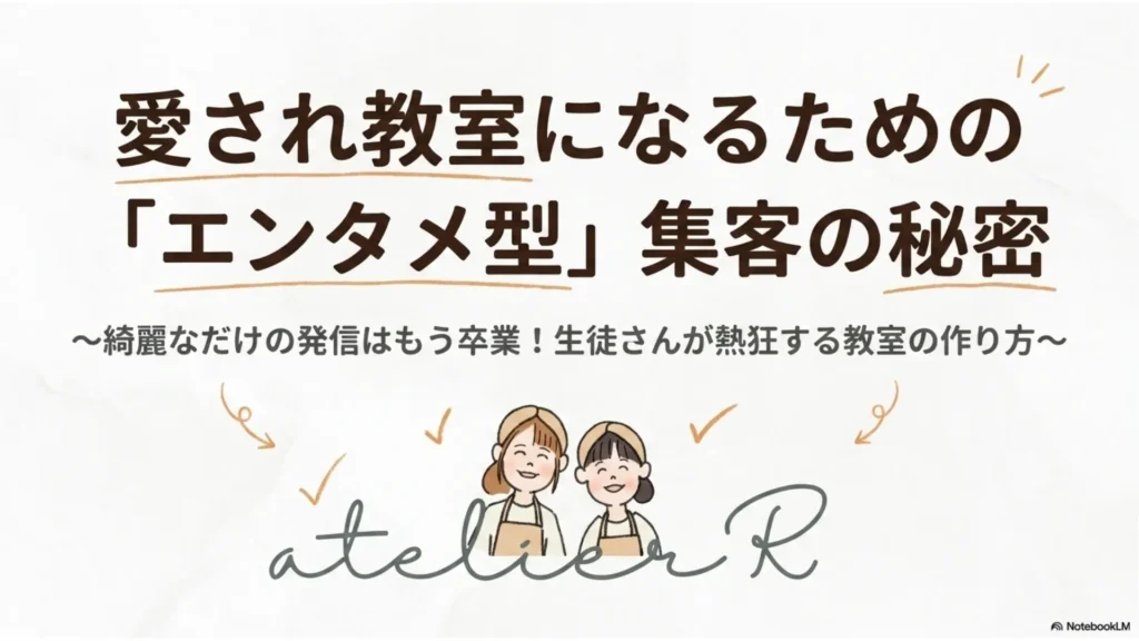 愛され教室になるための「エンタメ型」集客の秘密〜綺麗なだけの発信はもう卒業！生徒さんが熱狂する教室の作り方〜と書かれた表紙スライド