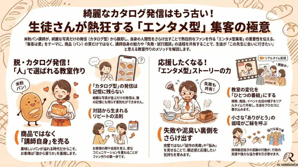 綺麗なカタログ発信はもう違う！生徒さんが熱狂する「エンタメ型」集客の極意まとめ図解：①カタログ発信から「人」で選ばれる教室作りへ②応援したくなる「エンタメ型」ストーリーの力③小さな徳積みでご縁を引き寄せる、を網羅したインフォグラフィック