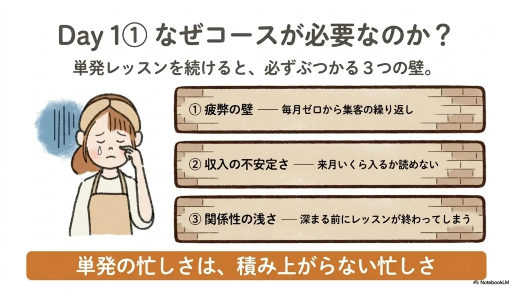 Day1①なぜコースが必要なのか？：単発レッスンを続けると必ずぶつかる3つの壁（①疲弊の壁：毎月ゼロからの集客の繰り返し②収入の不安定さ：来月いくら入るか読めない③関係性の浅さ：深まる前にレッスンが終わる）「単発の忙しさは積み上がらない忙しさ」を示すスライド