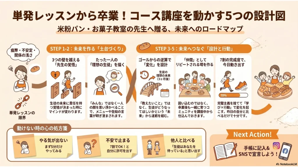 単発レッスンから卒業！コース講座を動かす5つの設計図まとめ図解：STEP1〜2（覚悟と理想の生徒さんを描く）→STEP3（未来から逆算してコースを設計）→STEP4〜5（仲間になる場をつくる・7割で動く）と動けないときの処方箋とNext Actionを網羅したインフォグラフィック
