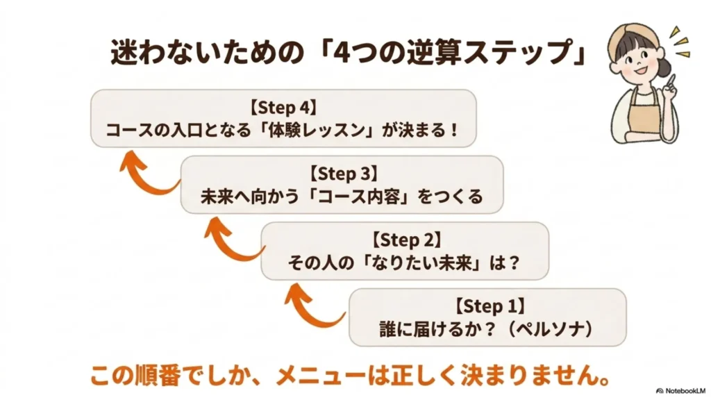 迷わないための「4つの逆算ステップ」：Step1誰に届けるか（ペルソナ）→Step2その人の「なりたい未来」は？→Step3未来へ向かう「コース内容」をつくる→Step4コースの入口となる「体験レッスン」が決まる、を示すスライド